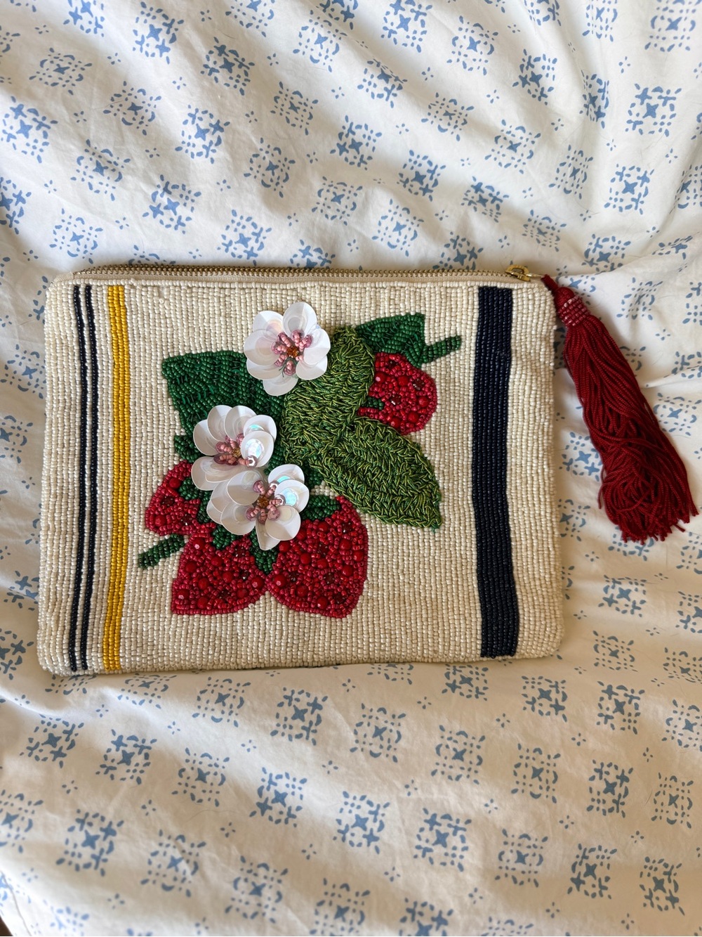 Beaded Strawberry Floral Tassel Clutch Pouch Bag Boho Statement